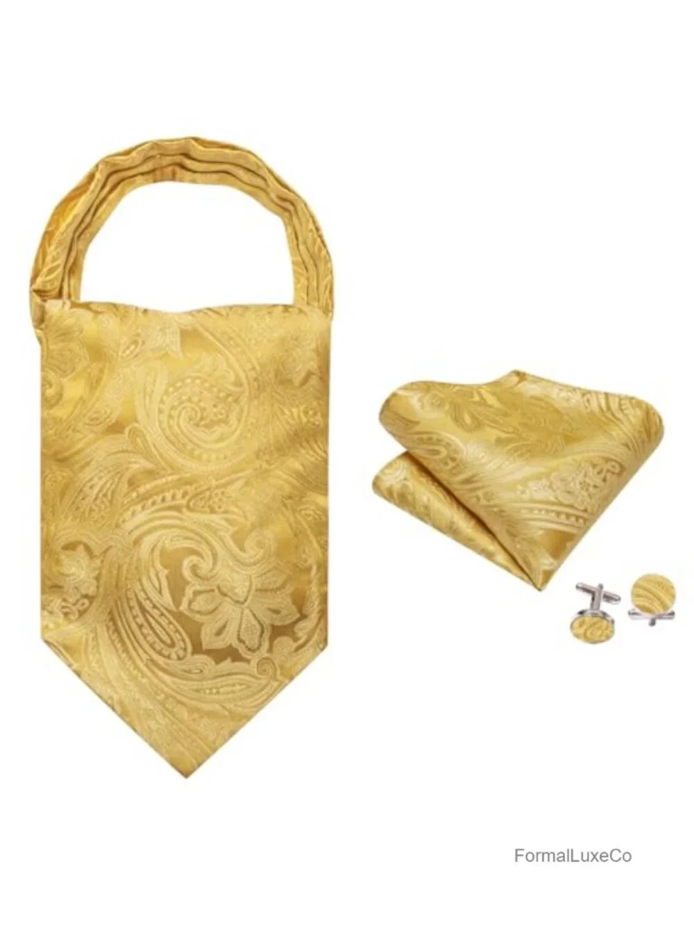 Silk Microfiber Ascot Tie Cravat Set with Pocket Square Cufflinks